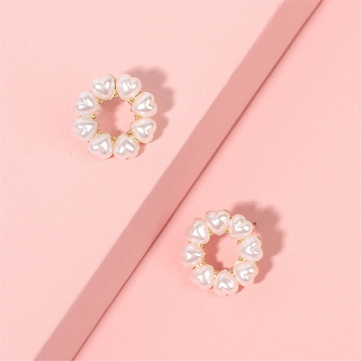 Heart-shape Pearl & Goldtone Circle Stud Earrings