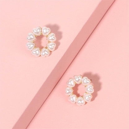 Heart-shape Pearl & Goldtone Circle Stud Earrings