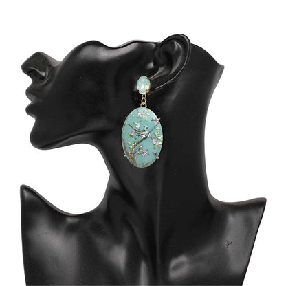 Green Crystal & Goldtone Bird Branch Oval Drop Earrings
