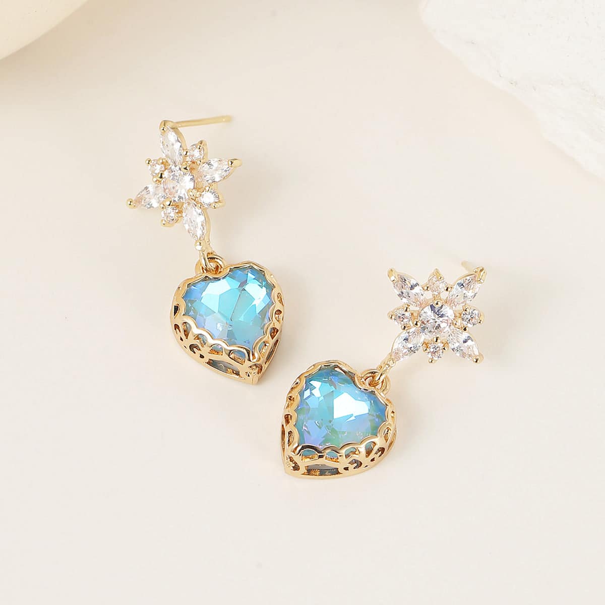 Blue Crystal & Cubic Zirconia Goldtone Star Heart Dangle Earrings
