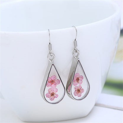 Pink Pressed Flower & Silvertone Teardrop Earrings