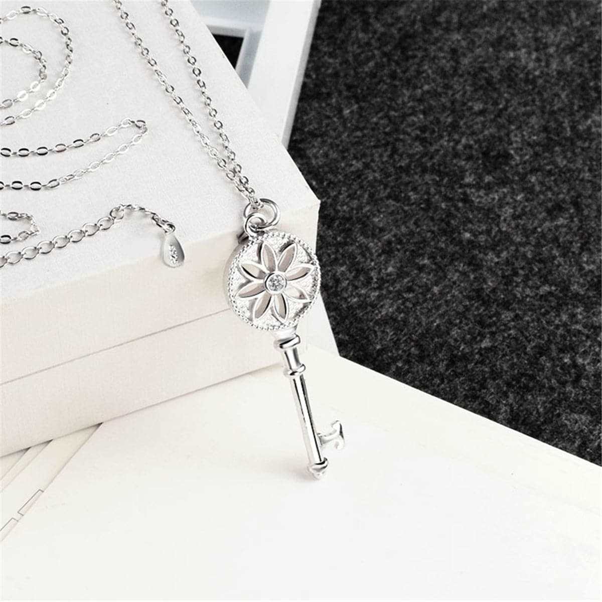 Cubic Zirconia & Silvertone Floral Key Pendant Necklace