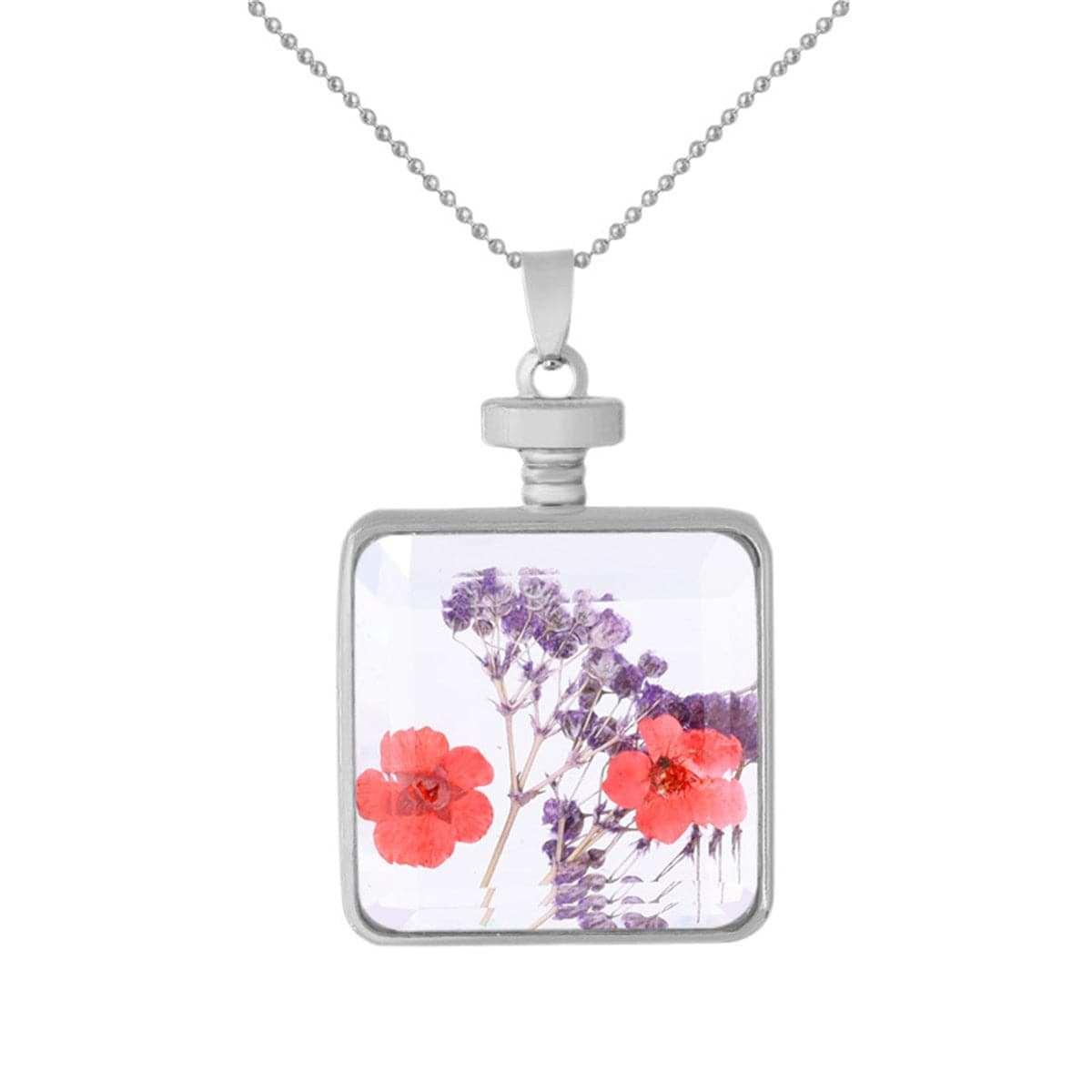 Red & Purple Pressed Flower Silvertone Square Pendant Necklace