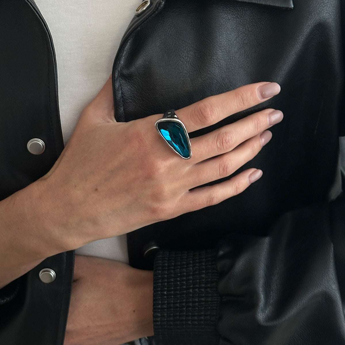 Teal Crystal & Silvertone Triangle Open Ring