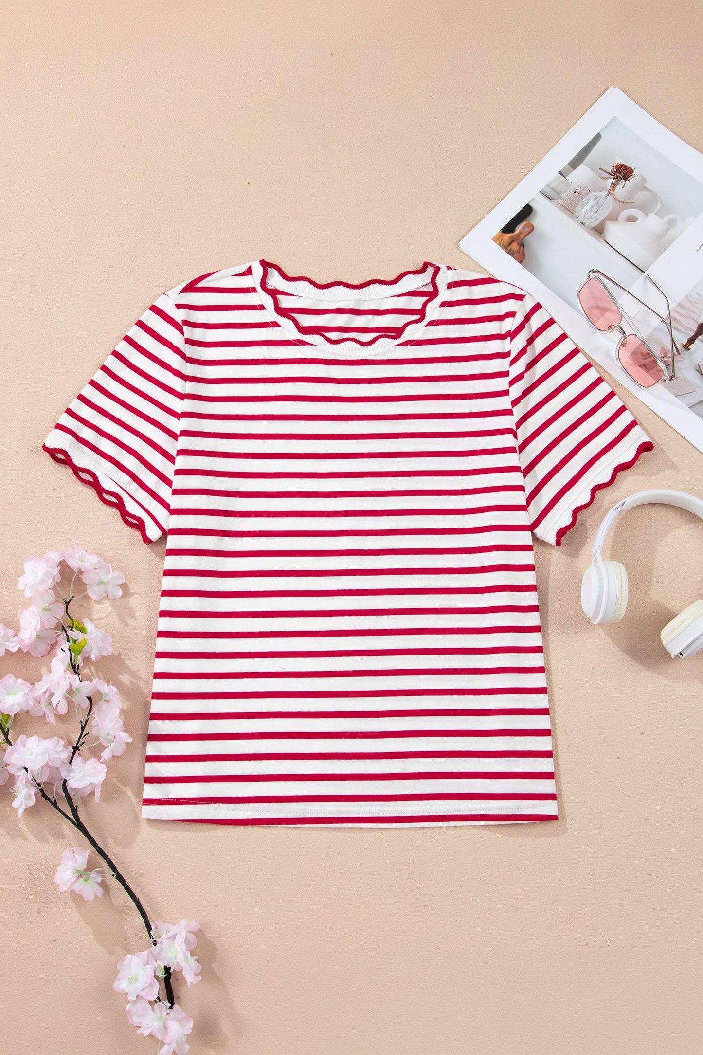 Royalty Scalloped Trim T Shirt - Red Stripe / L - 12/14
