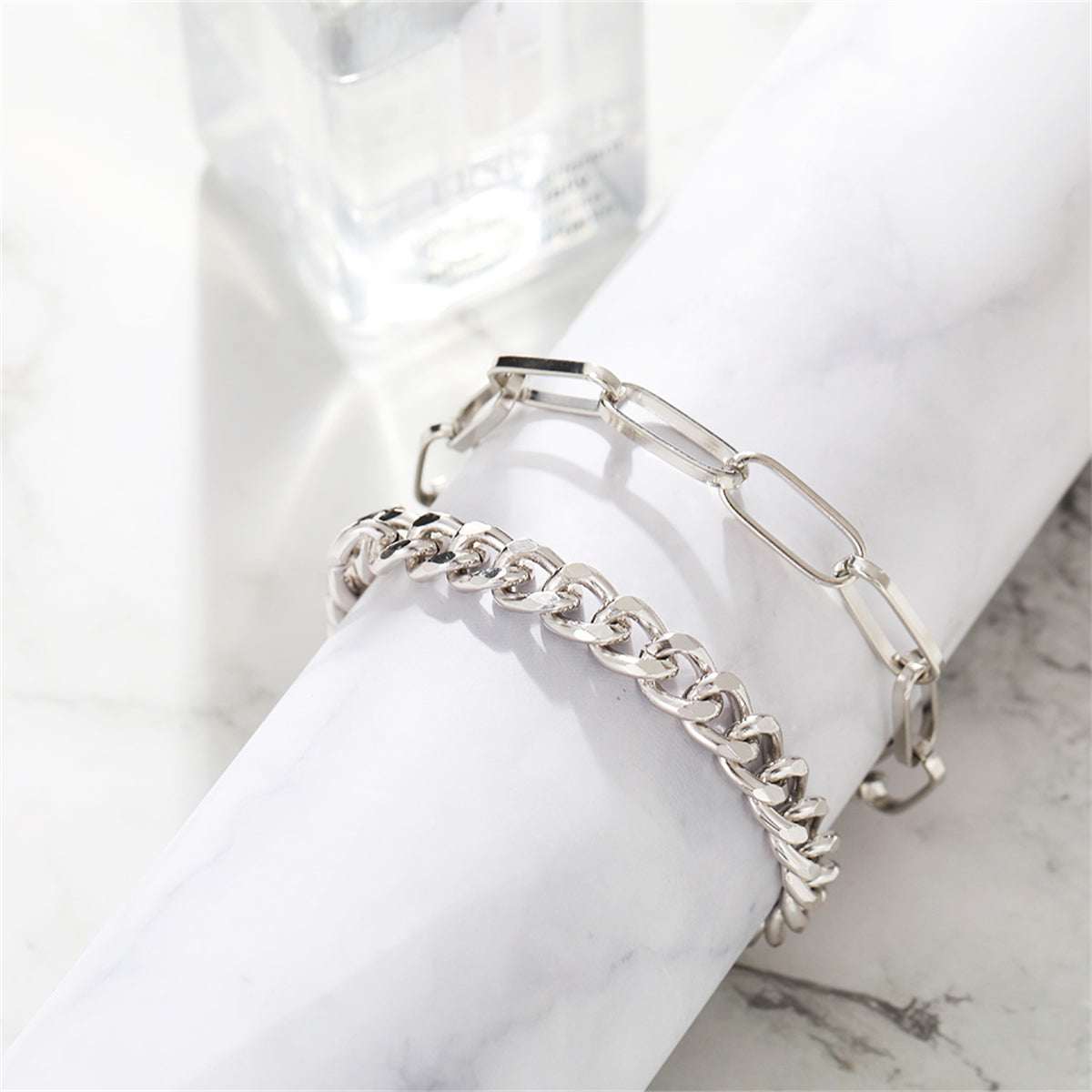 Silvertone Cable Chain Anklet & Curb Chain Anklet