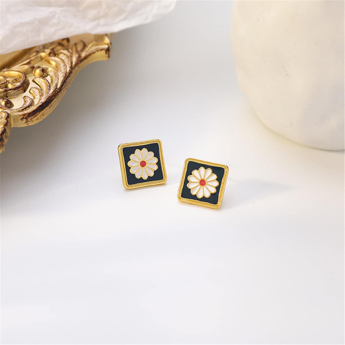 Black Enamel & Goldtone Mum Square Stud Earrings