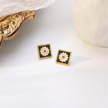 Black Enamel & Goldtone Mum Square Stud Earrings