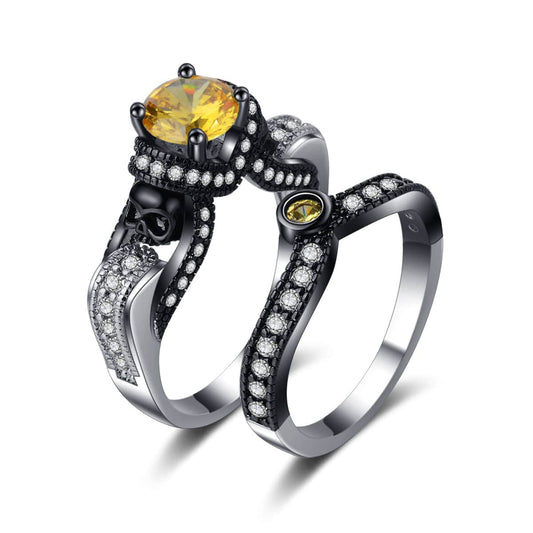 Yellow Crystal & Cubic Zirconia Skull Ring Set-1