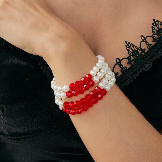 Red Acrylic & Pearl Silvertone Layered Bracelet