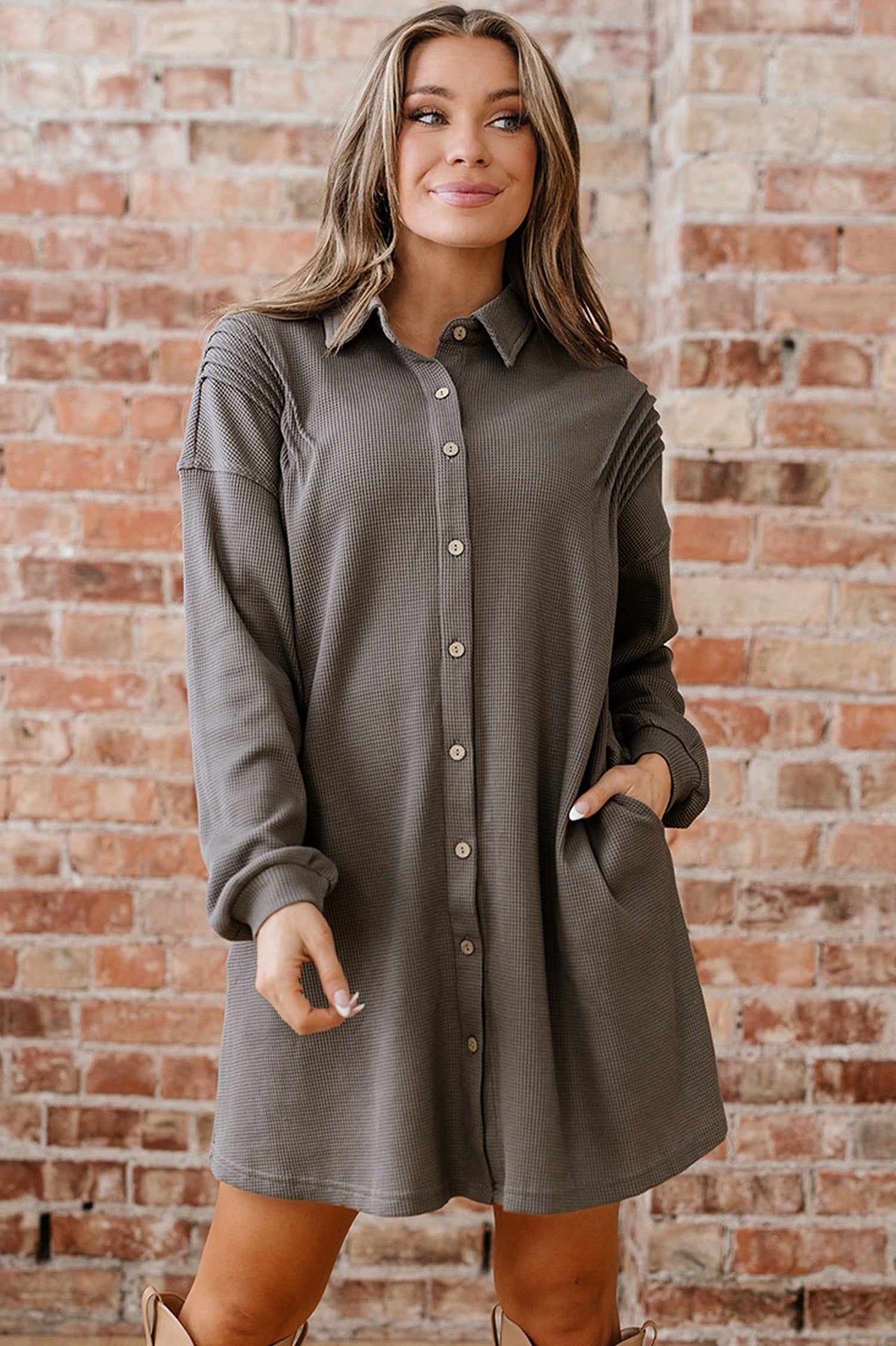 Viviana Taupe Waffle Knit Shirt - Simply Taupe / L - 12/14