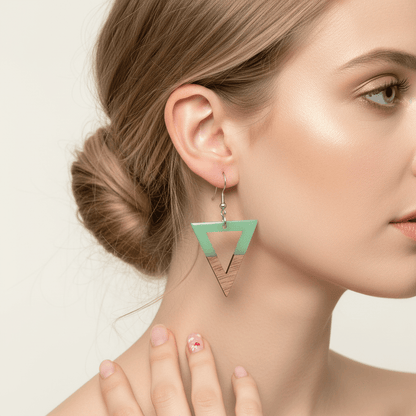 Green Resin & Wood Silvertone Open Triangle Hook Earrings