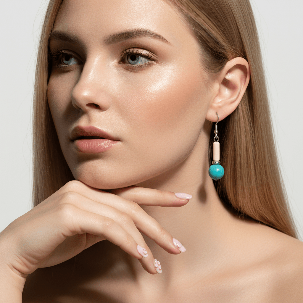 Sea Blue Jade & Silvertone Cylinder Ball Hook Earrings