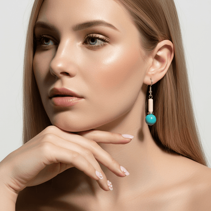 Sea Blue Jade & Silvertone Cylinder Ball Hook Earrings