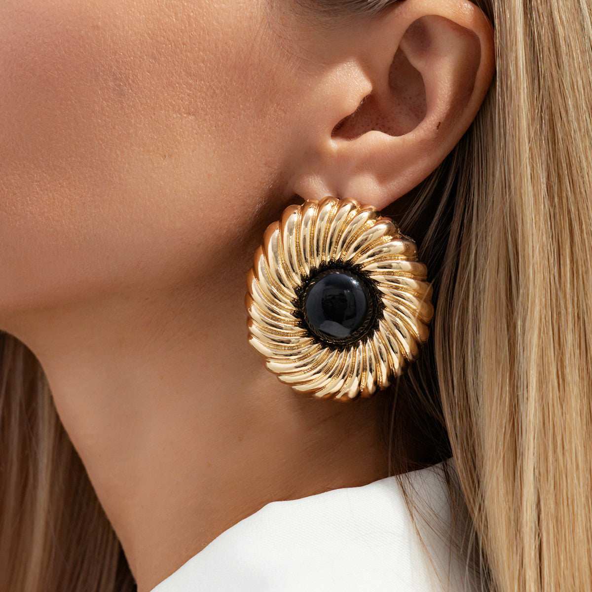Black Resin & Goldtone Floral Round Stud Earrings