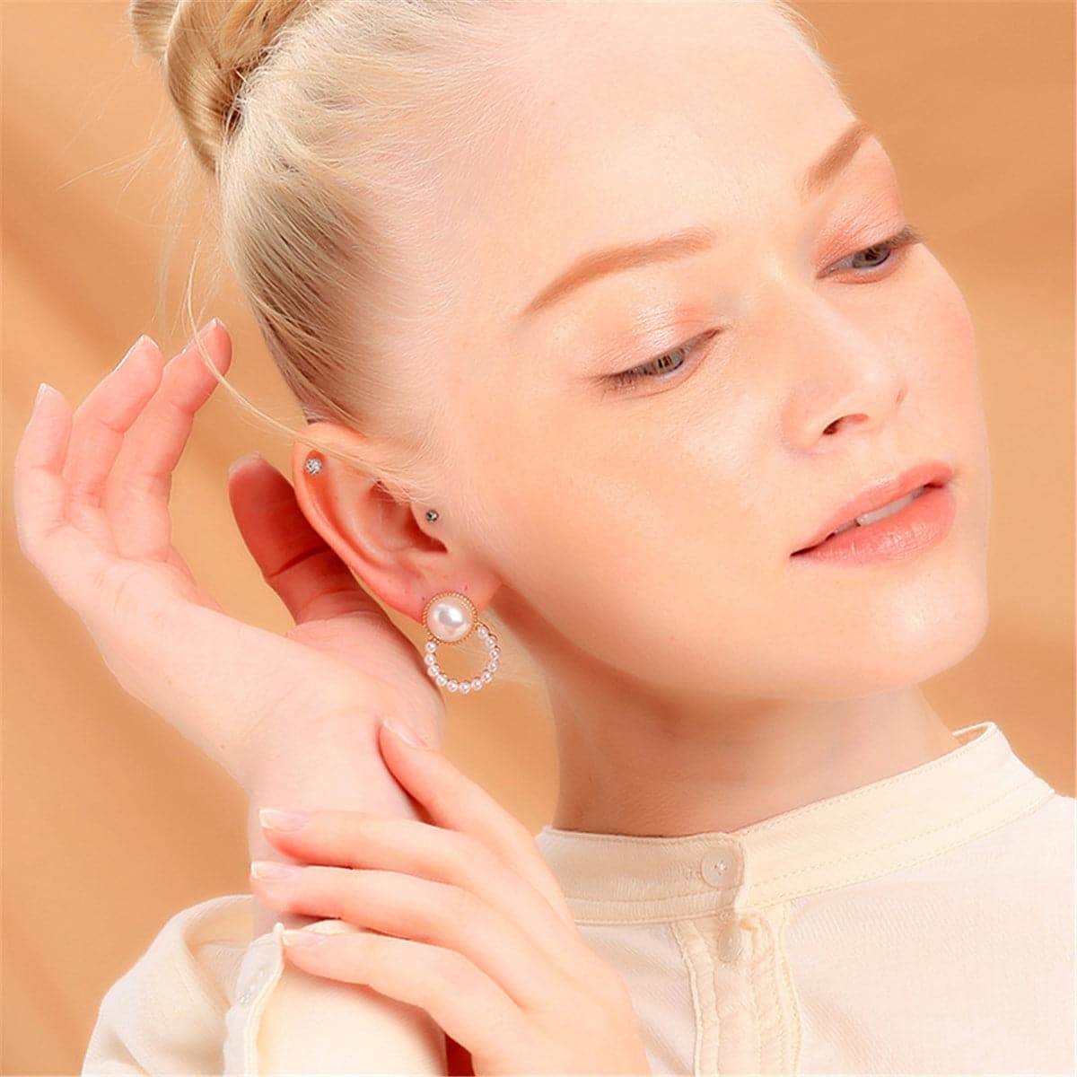 Pearl & Goldtone Open Ring Stud Earrings