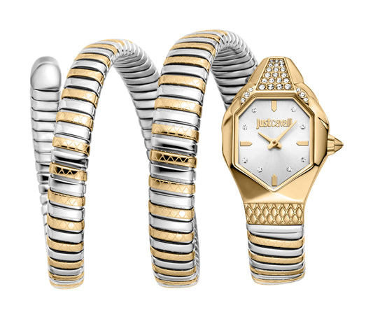 Just CAVALLI Women Watch, Two Tone Silver & Gold Color Case, Silver Dial, Two Tone Silver & Gold Color Metal Bracelet, 2 Hands, 3 Atm