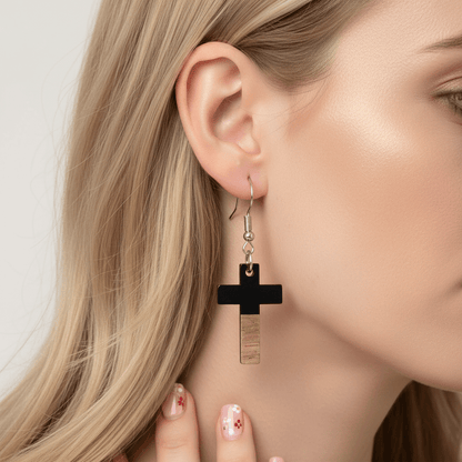 Black Resin & Wood Silvertone Cross Hook Earrings