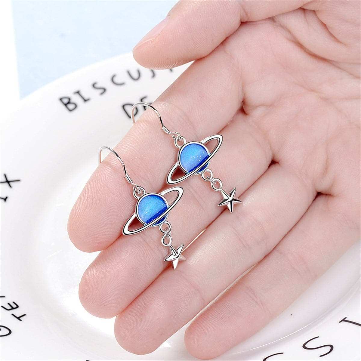 Silvertone & Blue Planet Drop Earrings