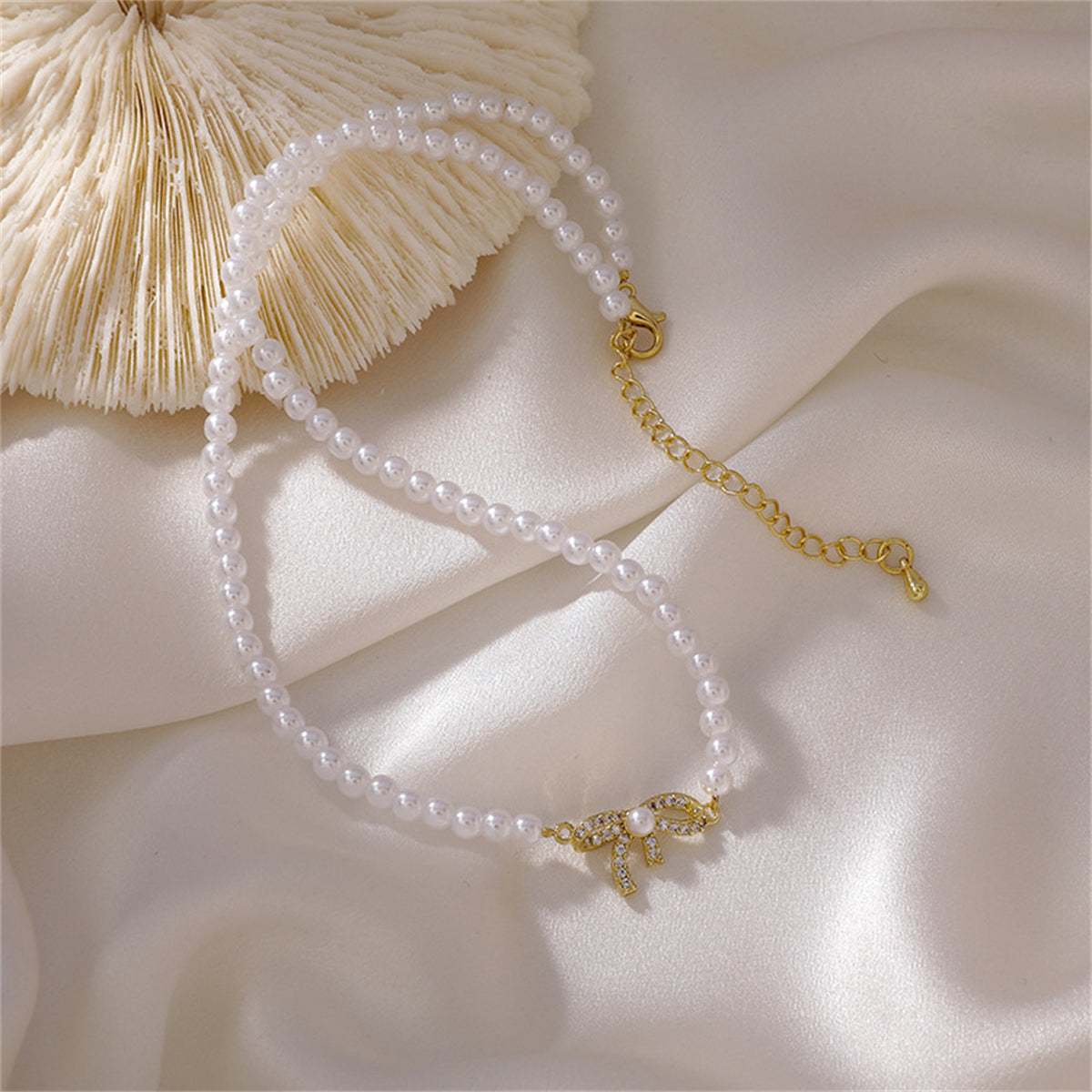 Pearl & Cubic Zirconia Goldtone Pavé Bow Necklace