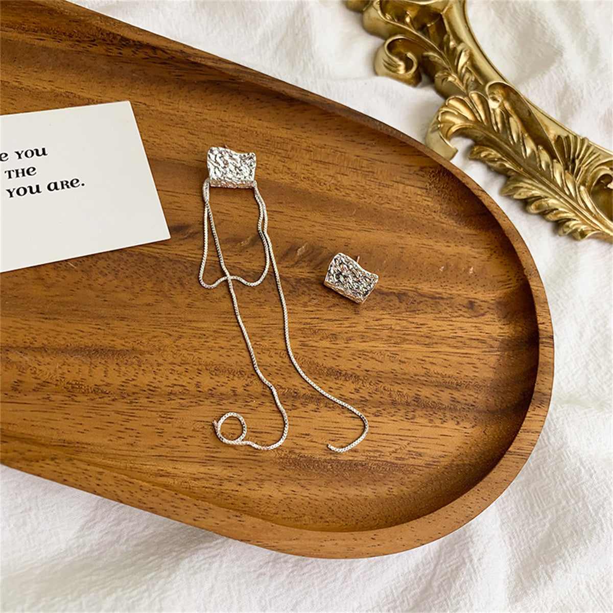 Silvertone Abstract Wrinkled Stud & Tassel Earrings