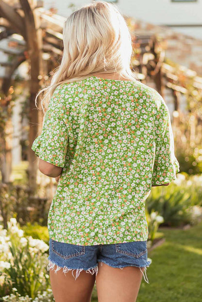 Threaded Pear Yusra FloralRuffle Sleeve V Neck Blouse
