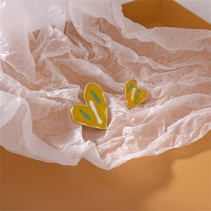 Yellow Enamel & Goldtone Asymmetric Heart Stud Earrings