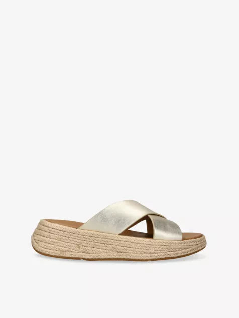 FitFlop F-Mode Leather/Cork Flatform Toe-Post Women's Sandals — Platino
