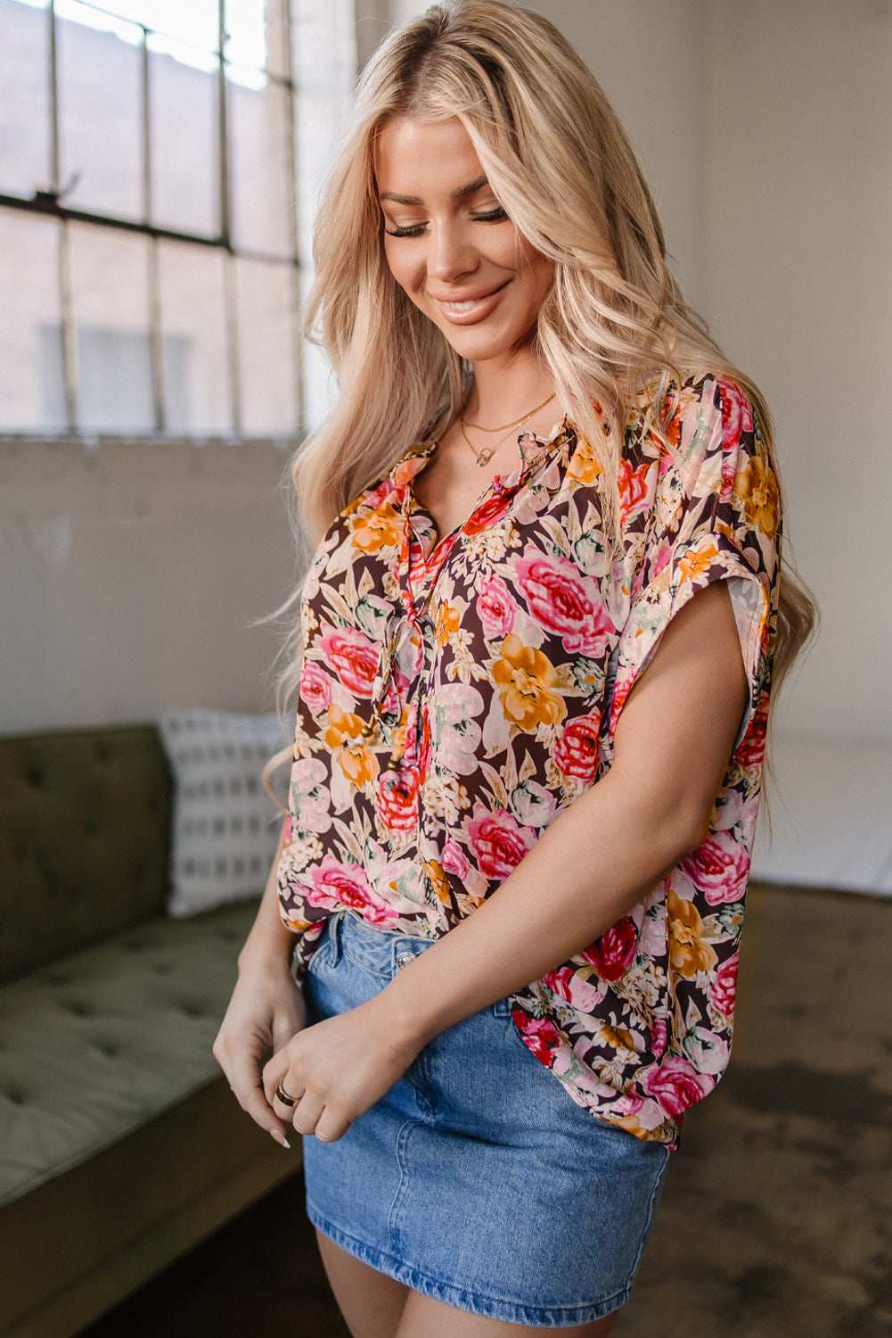 Threaded Pear Rhea Floral Crew Neck Blouse