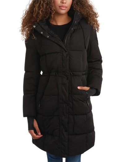 Steve Madden Women's Elegant Long Puffer Coat with Hood - Black X-Large