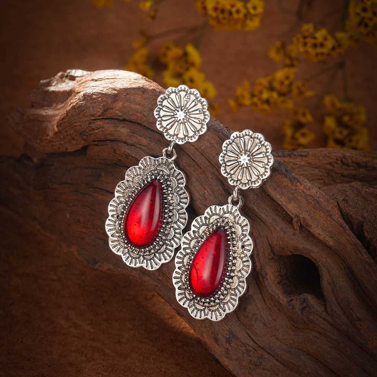 Red Resin & Silvertone Flower Drop Earrings
