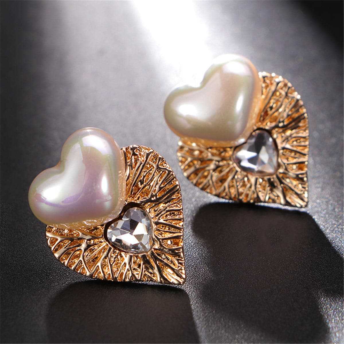 Crystal & Pearl Goldtone Heart Stud Earrings