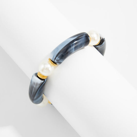 Black Resin & Pearl Goldtone Sequin Joint Stretch Bracelet