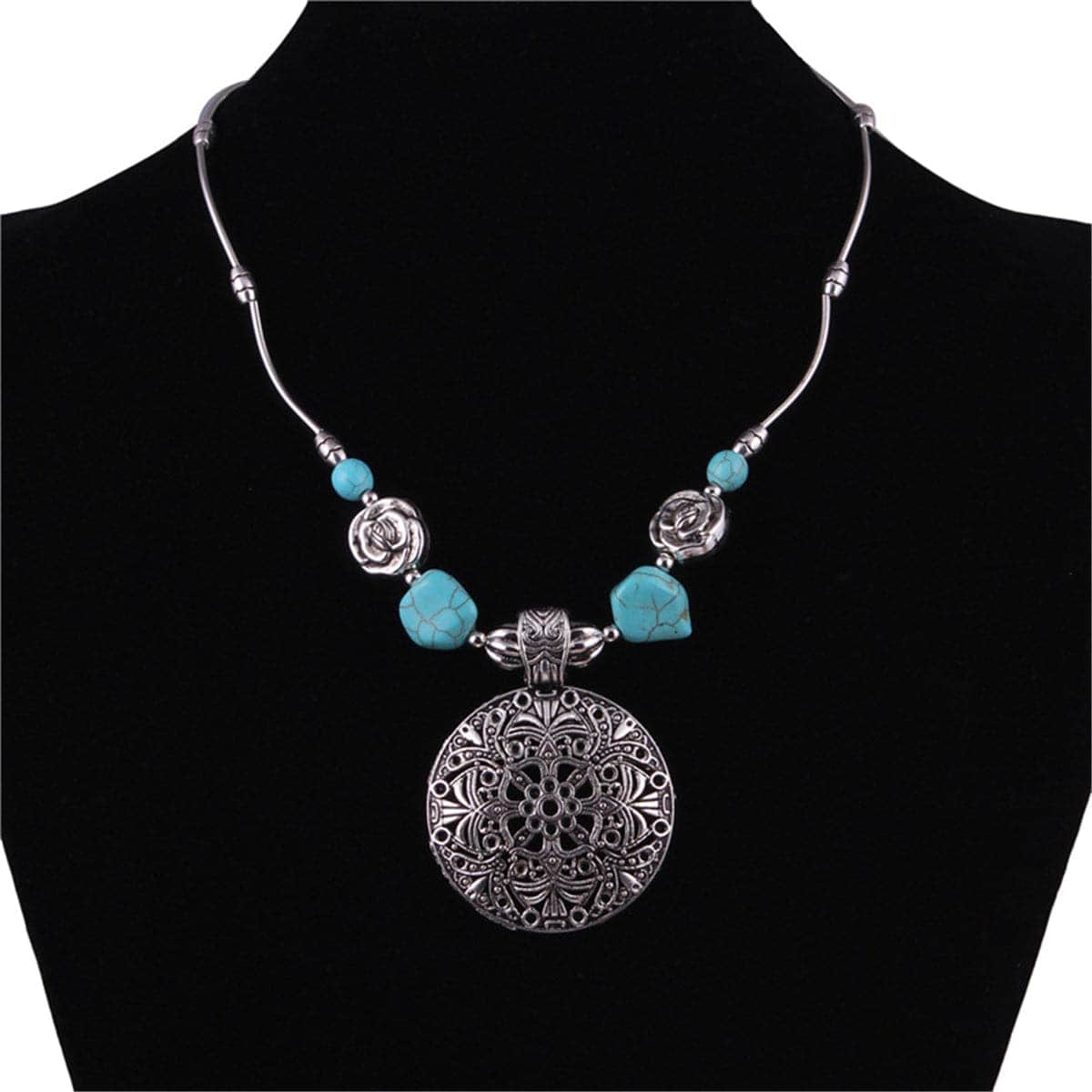 Turquoise & Silvertone Floral Plate Pendant Necklace