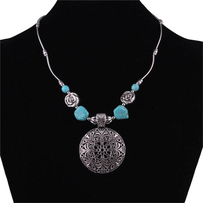 Turquoise & Silvertone Floral Plate Pendant Necklace