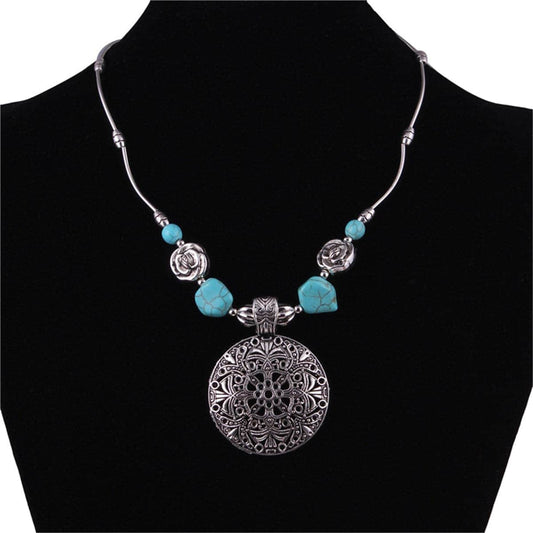 Turquoise & Silvertone Floral Plate Pendant Necklace
