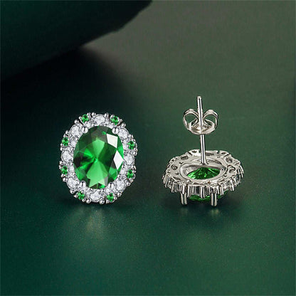 Cubic Zirconia & Green Crystal Oval Stud Earrings