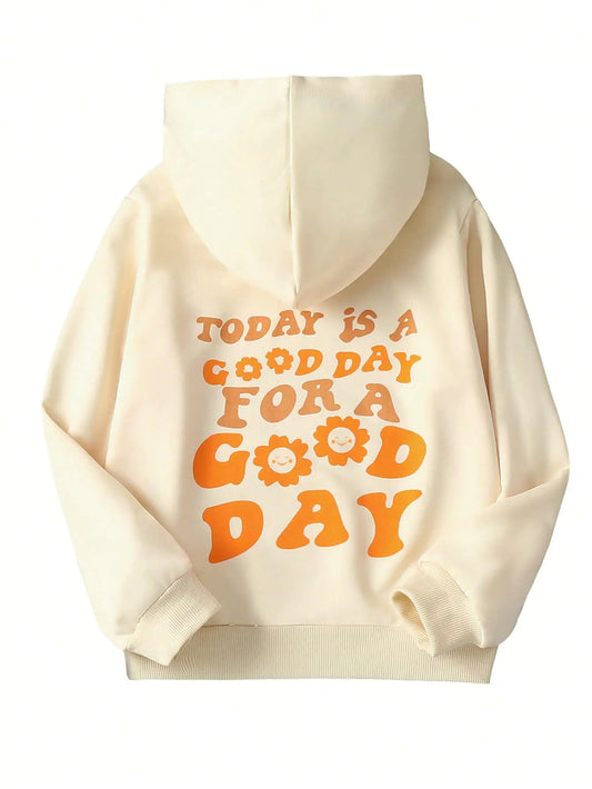 Girls Letter Graphic Preppy Hoodies Long Sleeve Cute Sweatshirt Pullover Tops Beige 9Y