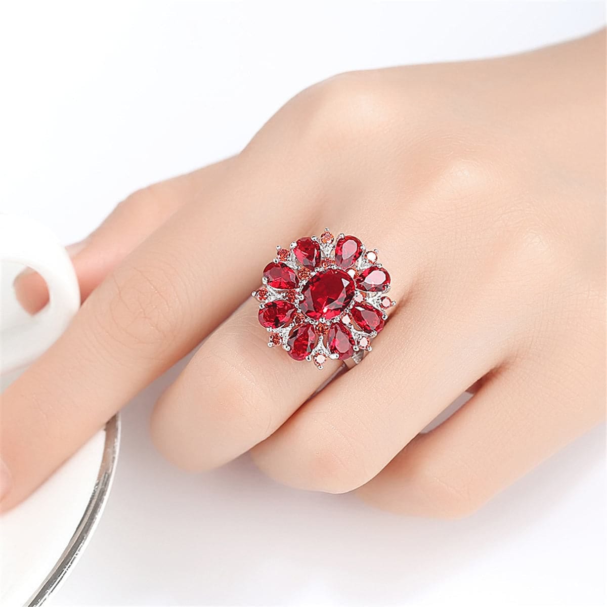Red Crystal & Silvertone Flower Ring