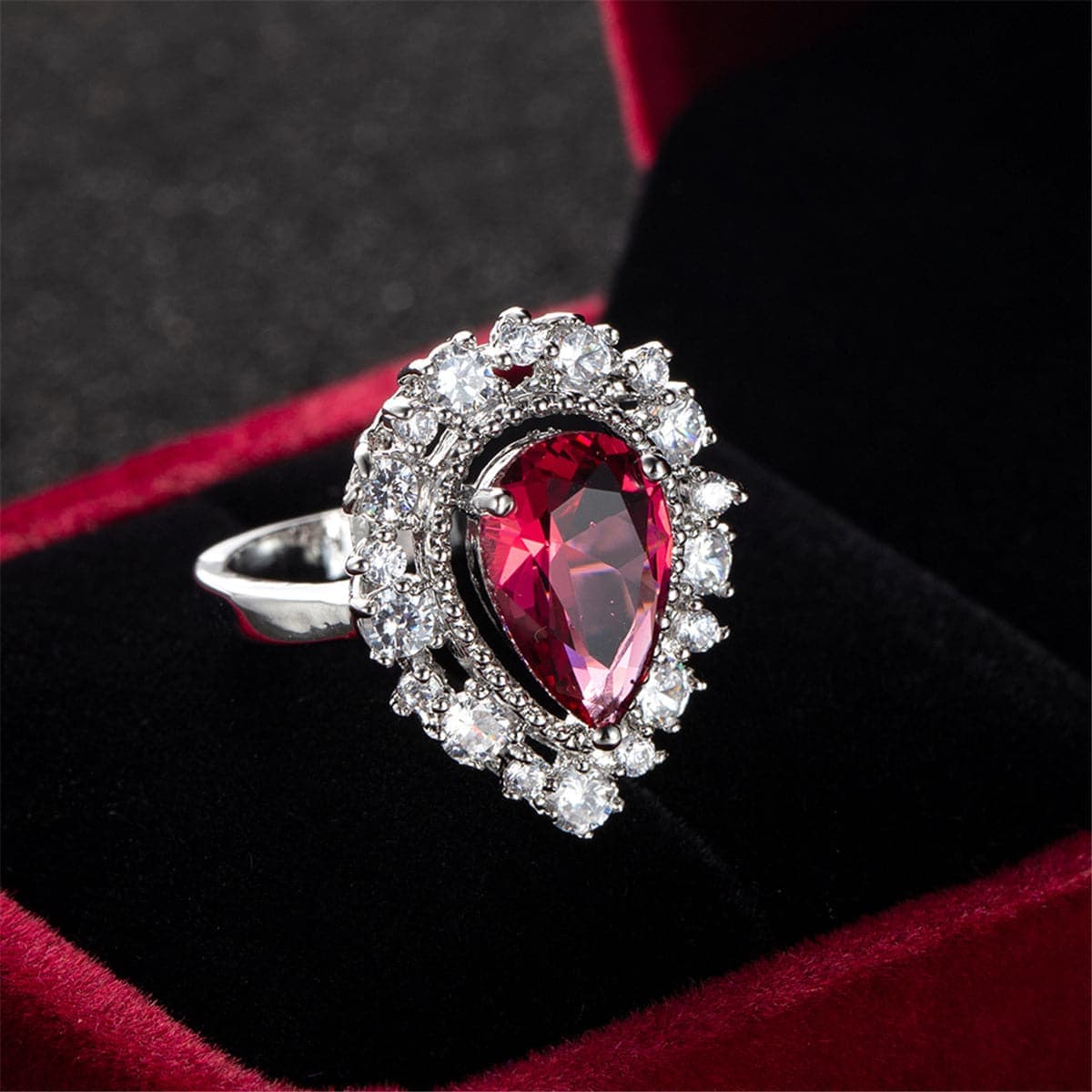 Red Cubic Zirconia & Silvertone Pear Halo Ring