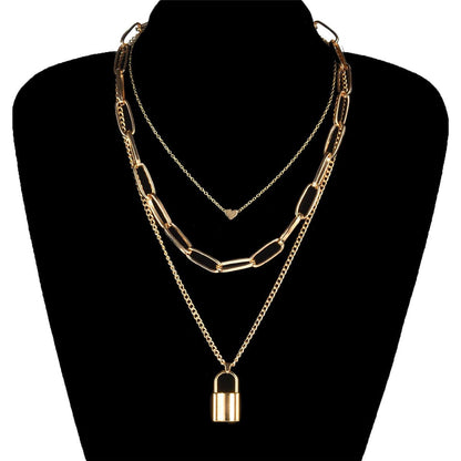 Goldtone Lock Layered Pendant Necklace
