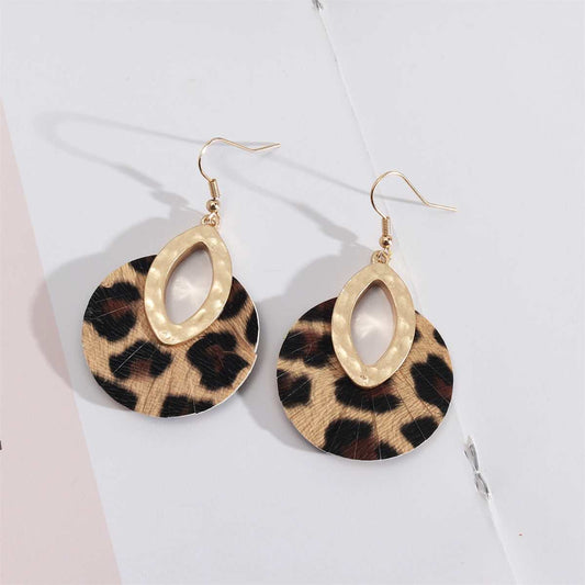 Brown Polyurethane & Goldtone Leopard-Print Pear Round Drop Earrings