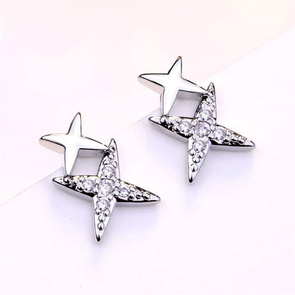 Cubic Zirconia & Silvertone Double Star Stud Earrings