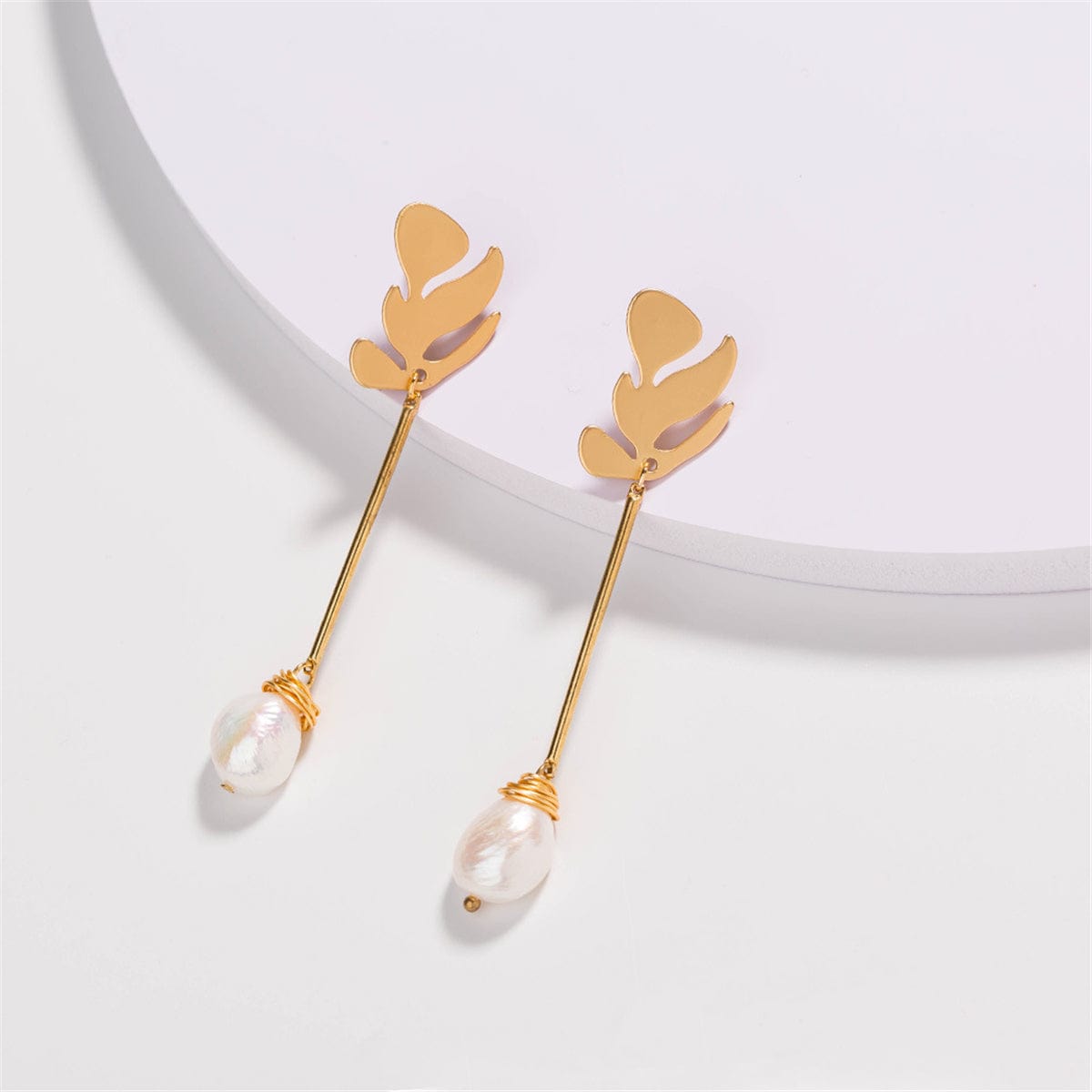 Pearl & Goldtone Leaf Drop Earrings-1