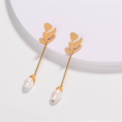 Pearl & Goldtone Leaf Drop Earrings-1