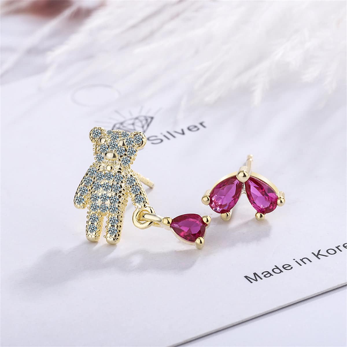 Pink Crystal & Cubic Zirconia Bear & Heart Mismatching Earrings