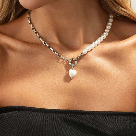 Pearl & Resin Silvertone Heart Pendant Patchwork Necklace