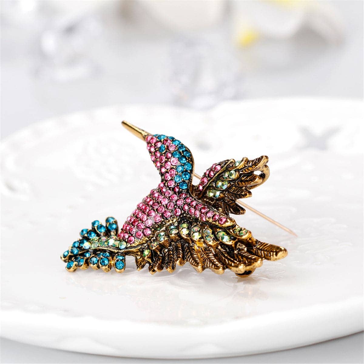 Pink & Blue Cubic Zirconia Woodpecker Brooch