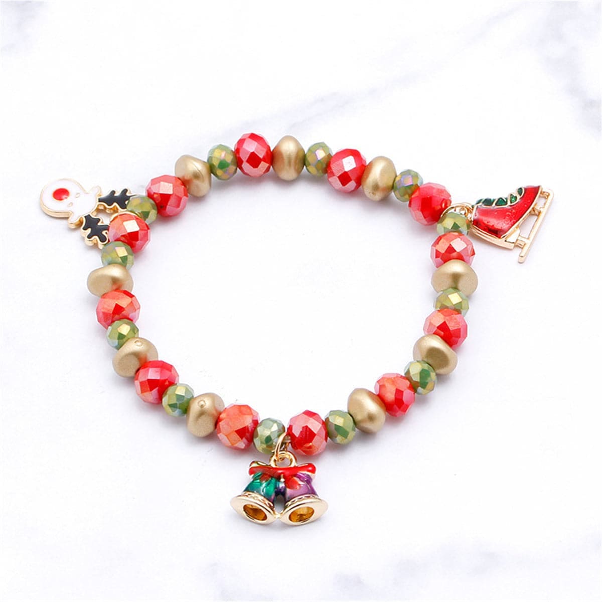 Red Acrylic & Goldtone Reindeer Skates Charm Stretch Bracelet