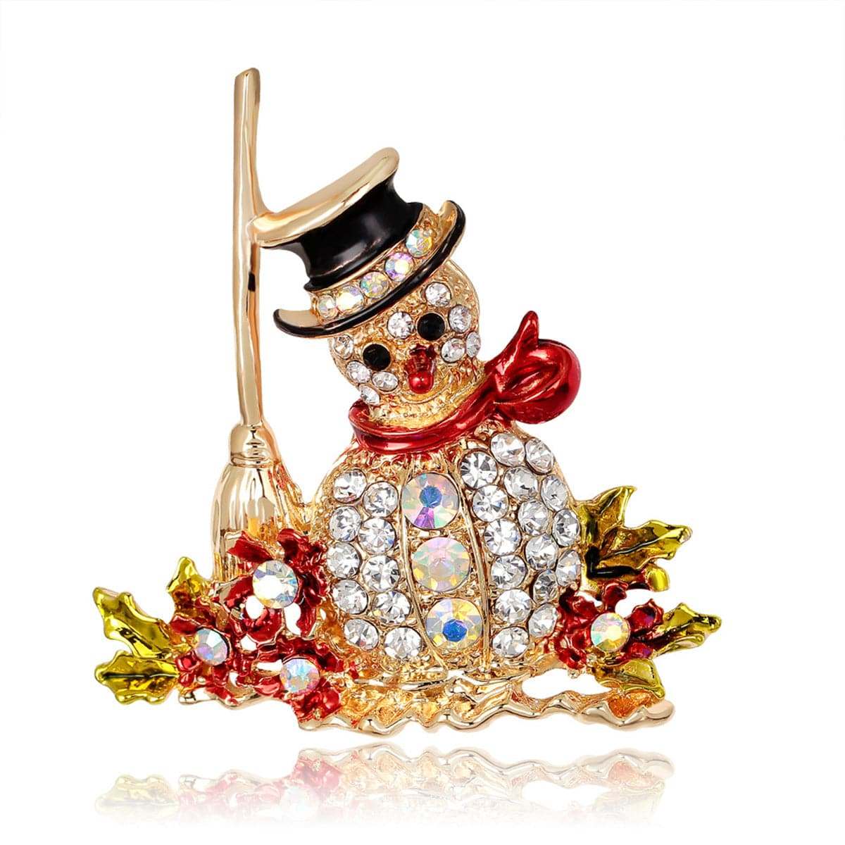Cubic Zirconia & Goldtone Snowman Broom Brooch